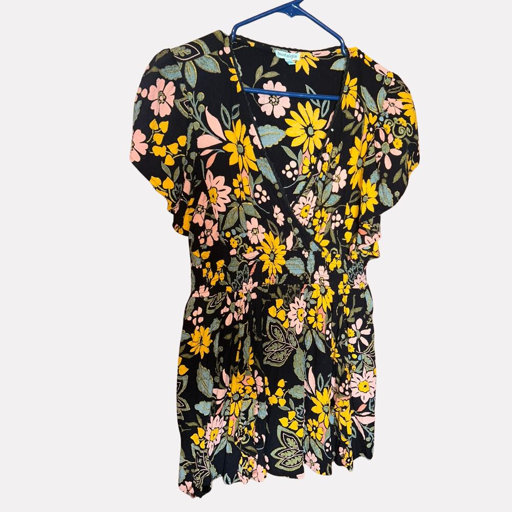 Vintage 90s Floral Crinkle Rayon Mini Dress Black Yellow Pink Boho Grunge S